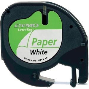 Ruban d'étiquettes Dymo LetraTag 91200 - 12 mm Largeur - Rectangle - Blanc, Noir - Papier