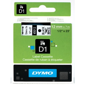 Dymo 45013 Standard D1 Labelling Tape - 12 mm Width - Permanent Adhesive - Rectangle - Thermal Transfer - Glossy - White, 