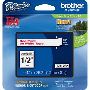 Ruban d'étiquettes Brother P-touch TZE232 - 12,70 mm Largeur - Rectangle - Blanc - Laminées - 1 Unité