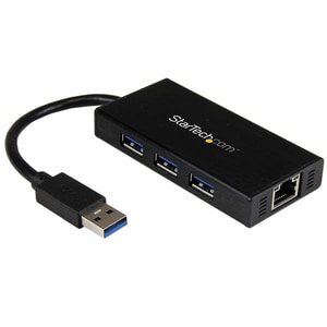 StarTech.com 3 Port Portable USB 3.0 Hub with Gigabit Ethernet Adapter NIC - 5Gbps - Aluminum w/ Cable - Add 3 external US