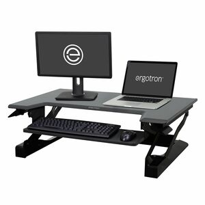 Ergotron WorkFit-T, Standing Desk Workstation (black with grey surface) - Gray Top - 35 lb Capacity - Height Adjustable - 