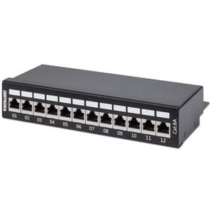 Patch Panel, Cat6a, FTP, 12-Port, Desktop, Shielded, 90° Top-Entry Punch Down Blocks, Black - 12 x RJ-45 - Desktop