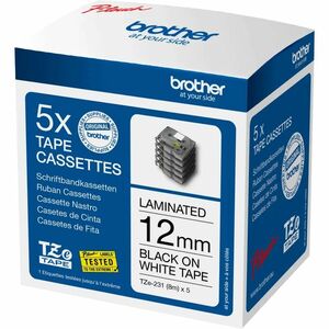 TZE231 LAMINATED TAPES 12MM 8M BLACK ON WHITE BACKGROUND (5 PAC