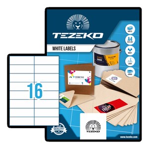 TEZEKO Multipurpose Label - Rectangle - Inkjet, Laser - White - Paper - 16 / Sheet - 100 Total Sheets - 1600 / Box