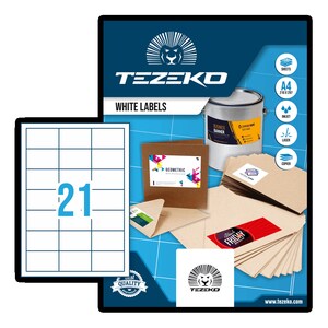 TEZEKO Multipurpose Label - Rectangle - Inkjet, Laser - White - Paper - 21 / Sheet - 100 Total Sheets - 2100 / Box