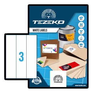 TEZEKO Multipurpose Label - Rectangle - Inkjet, Laser - White - Paper - 3 / Sheet - 100 Total Sheets - 300 / Box