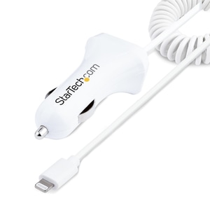 StarTech.com Lightning Car Charger with Coiled Cable, 1m Built-in Cable, 12W, White, 2 Port USB Car Charger Adapter, In Ca