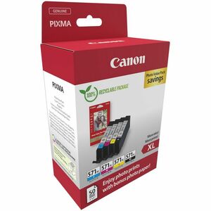 Canon ChromaLife100+ CLI-571XL Original High (XL) Yield Inkjet Ink Cartridge/Paper Kit - Value Pack - Black, Cyan, Magenta