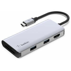 Belkin Connect C型 USB 扩展插口 用于 笔记本电脑, 平板, 智能电话 - 内存卡阅读器 - SD, microSD - 灰 - 便携式 - 4K UHD, 4K - 3840 x 2160 - 2 x USB端口 - 2 