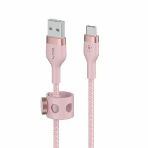BOOSTCHARGE Pro Flex Double-Braided Silicone USB-A to C Cable with Metal Clip Cable Management 1 Meter SnC Up to 60W Pink