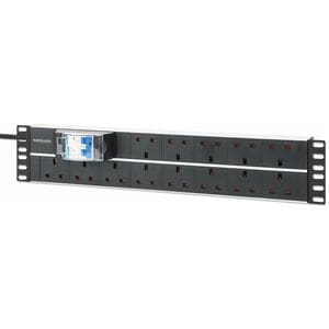 19" 2U PDU 15-way UK, With 2P air breaker, Rackmount, Power Distribution Unit, UK 3-pin outlets, 3m power cord, output - B