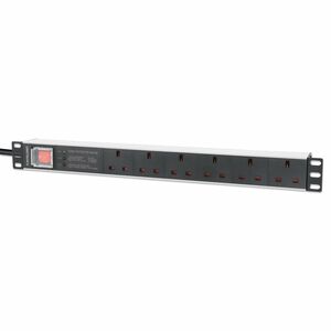 19" 1U PDU 6-way UK, With switch and Surge Protection, Rackmount, Power Distribution Unit, UK 3-pin outlets, 3m power cord