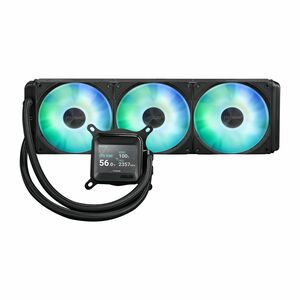 ASUS Prime LC ARGB LCD all-in-one CPU liquid cooler with sharp screen showcasing CPU & GPU information with different back