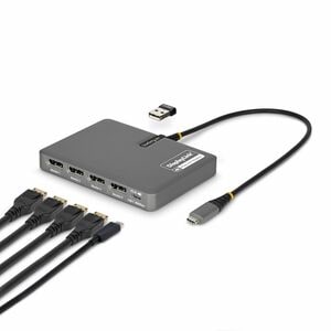 StarTech.com USB-C to Quad-Monitor Workstation Adapter, 4K 60Hz DisplayPort, 140W PD Passthrough for Laptop Charging, 1x U