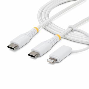 StarTech 1m (3.3ft) 2-in-1 Rugged USB-C Charging Cable with Lightning Adapter, 30W/60W, Apple MFi Certified Braided USB C 