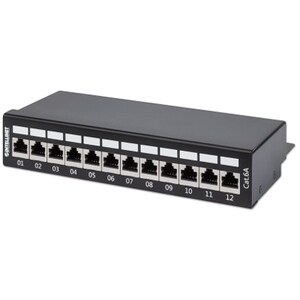 Patch Panel, Cat6a, FTP, 12-Port, Desktop, Shielded, 90° Top-Entry Punch Down Blocks, Black - 12 x RJ-45 - Desktop