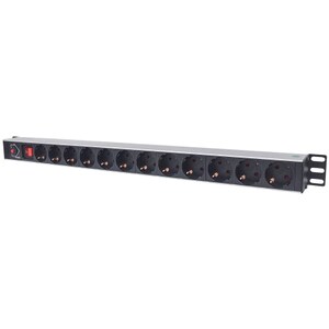 Vertical Rackmount 12-Way Power Strip - German Type, With On/Off Switch and Overload Protection, 1.6m Power Cord (2 PIN EU