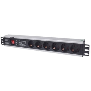 19" 1.5U Rackmount 6-Way Power Strip - German Type" , With On/Off Switch and Surge Protection, 3m Power Cord (2 PIN EURO P