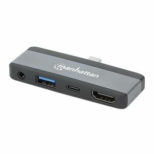 Manhattan USB-C Travel Dock/Hub, Ports (x4): HDMI, USB-A, USB-C and 3.5mm audio, With Power Delivery (100W) to USB-C Port,