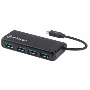 Manhattan USB-C Dock/Hub, Ports (4): USB-A (x4), 5 Gbps (USB 3.2 Gen1 aka USB 3.0), USB powered (no external power supply 