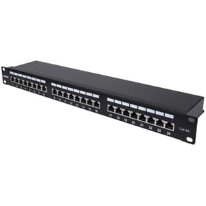 Patch Panel, Cat6a, FTP, 24-Port, 1U, Shielded, 90° Top-Entry Punch Down Blocks, Black - 24 x RJ-45 - 1U High - 19" Wide -