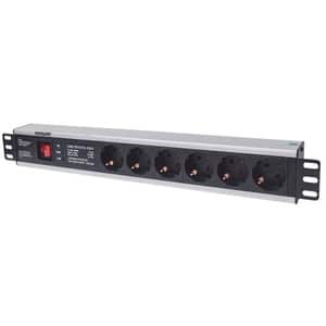 19" 1.5U Rackmount 6-Way Power Strip - German Type" , With On/Off Switch and Surge Protection, 3m Power Cord (2 PIN EURO P