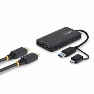StarTech USB to Dual HDMI Adapter, USB-A or USB-C to 2x HDMI Converter (1x 4K30, 1x 1080p), 4.3in/11cm Cable, Win/Mac, Bla
