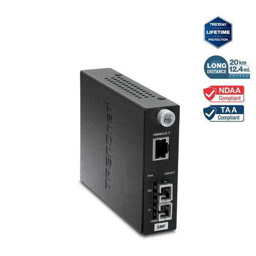 1000BASE-T TO 1000BASE-LX SINGLE MODE FIBER CONVERTER 20KM