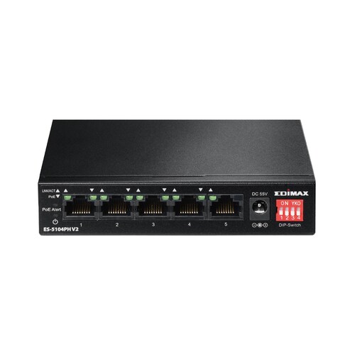 Switch a 5 porte fast Ethernet con 4 porte PoE+ e switch DIP