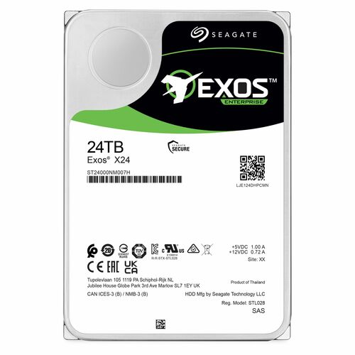 Seagate Exos X24 ST24000NM007H 24 TB Hard Drive - 3.5" Internal - SAS (12Gb/s SAS) - Conventional Magnetic Recording (CMR)