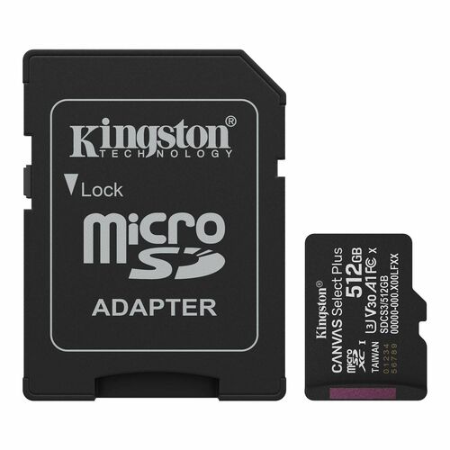 Kingston Canvas Select Plus 512 GB Class 10/UHS-I (U3) V30 microSDXC - 1 - 150 MB/s Read - Lifetime Warranty