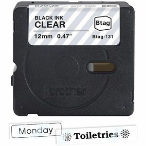Brother P-touch BTAG-131 Black on Clear Label Tape - 15/32" (12 mm) Width x 13 1/8 ft (4 m) Length - Black on Clear - Wate