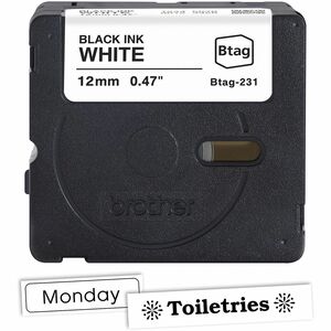 Brother P-touch BTAG-231 Black on White Label Tape - 15/32" (12 mm) Width x 13 1/8 ft (4 m) Length - Black on White - Wate
