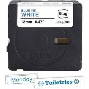 Brother P-touch BTAG-233 Blue on White Label Tape - 15/32" (12 mm) Width x 13 1/8 ft (4 m) Length - Blue on White - Water 