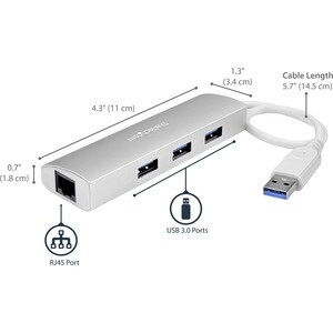 StarTech.com 3-Port USB Hub with Ethernet, USB-A Ports, Gigabit Ethernet/GbE, USB 5Gbps, Bus-Powered, Portable Laptop USB 