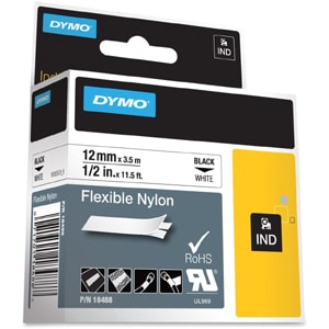 Dymo Rhino Flexible Nylon Labels - 1/2" (12.70 mm) Width x 11 1/2 ft (3.5 m) Length - Thermal Transfer - White, Black - Ny