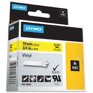 Dymo RhinoPRO 18433 Label Tape - 19 mm Width - Rectangle - Black, Yellow - Vinyl - Abrasion Resistant, Temperature Resista