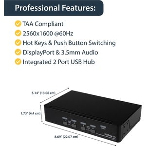 StarTech.com 4 Port USB DisplayPort KVM Switch with Audio - 4 Computer(s) - 1 Local User(s) - WQXGA - 3840 x 2400 - 8 x US