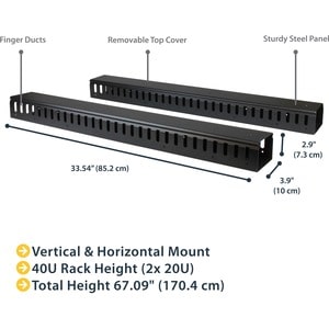 StarTech.com Vertikaler Kabelordner mit Finger Duct - 40U - 1,8m - Rack Kabelmanager - Durchführungspaneel - 40U Rack Heig