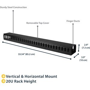 StarTech.com Vertical Cable Organizer with Finger Ducts - Vertical Cable Management Panel - Rack-Mount Cable Raceway - 20U