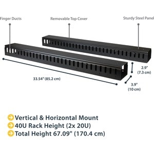 StarTech.com Vertical Cable Organizer with Finger Ducts - Vertical Cable Management Panel - Rack-Mount Cable Raceway - 40U