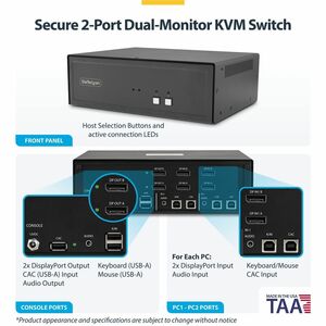 StarTech Secure 2-Port Dual-Monitor KVM Switch, DisplayPort, 4K 60Hz, NIAP 4.0 Desktop KVM, CAC, Metal Housing, Made in th