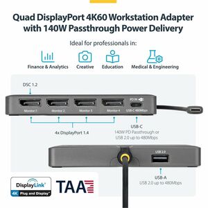 StarTech.com USB-C zu Quad-Monitor Workstation Adapter, 4K 60Hz DisplayPort, 140W PD Passthrough zum Laden von Laptops, 1x