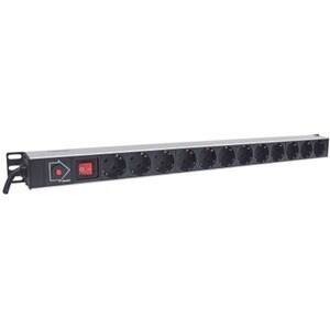 Vertical Rackmount 12-Way Power Strip - German Type, With On/Off Switch and Overload Protection, 1.6m Power Cord (2 PIN EU
