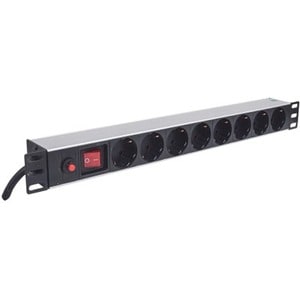 19" 1U PDU 8-way EU, With On/Off Switch and Overload Protection, Power Distribution Unit, EU CEE 7/3 Outlets, 3m power cor