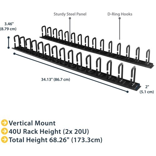 StarTech.com Vertikaler Kabelordner mit D-Hacken - 0U - 1,8m - Rack Kabelmanager - Kabelbündler - 40U Rack-Höhe x 5,08 cm 