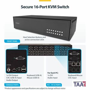 StarTech Secure 16-Port KVM Switch, DVI, NIAP 4.0, Metal Housing, CAC Port, Made in the USA - Securely control sixteen DVI