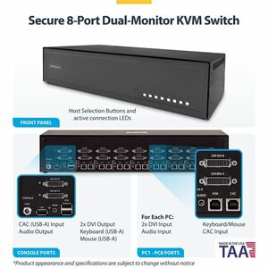 StarTech Secure 8-Port Dual-Monitor KVM Switch, DVI, NIAP 4.0, Metal Housing, CAC, Made in the USA - Securely control eigh