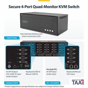 StarTech Secure 4-Port Quad-Monitor KVM Switch, DVI, NIAP 4.0, Metal Housing, CAC Port, Made in the USA - Securely control