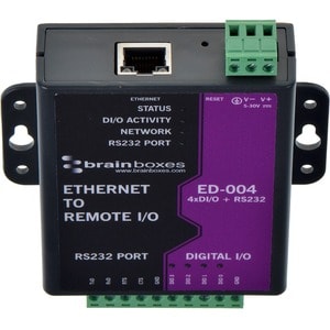 Brainboxes - Ethernet to 4 Digital IO and RS232 Serial Port - 1 x Network (RJ-45) - 1 x Serial Port - Fast Ethernet - Rail